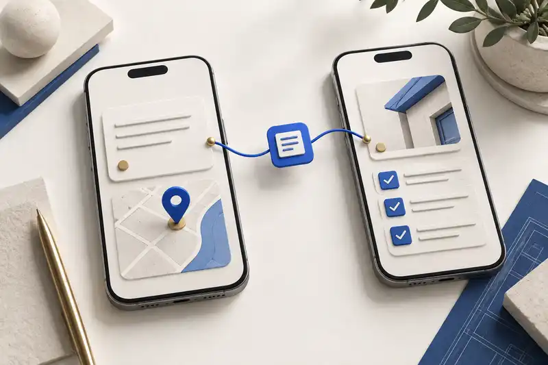 Two mobile interfaces connect a customer request with a field team's response.
