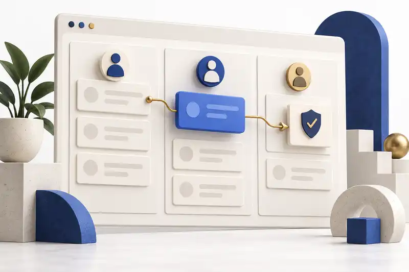 Connected browser panels illustrate an approval workflow.