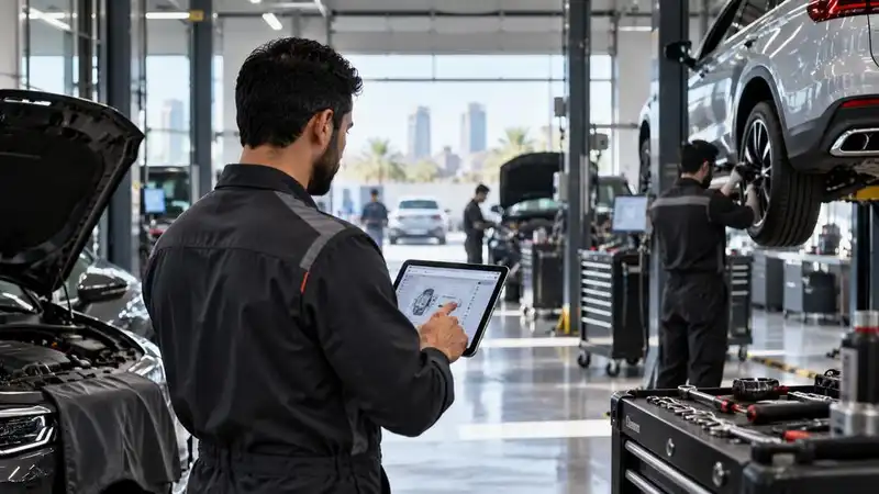 Illustrative automotive service professional overlooking a workshop