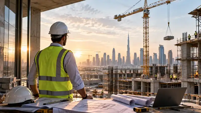 Illustrative construction professional looking across a building site