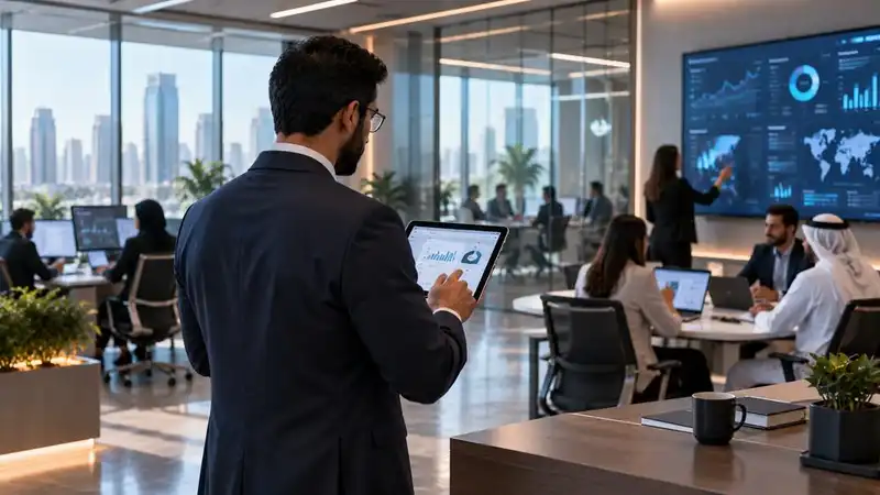 Illustrative business professional in a shared office environment
